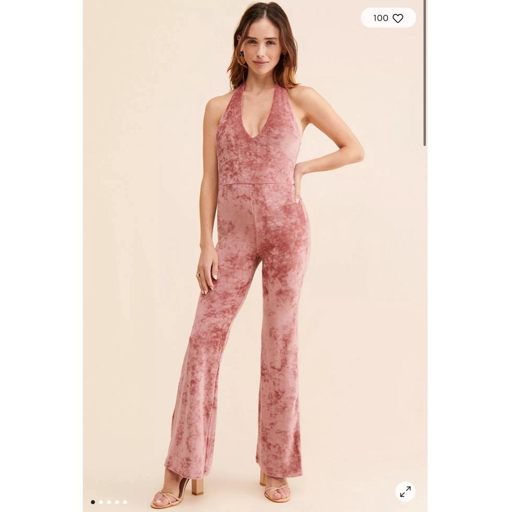 NWT Free People Monte Pink Velvet WideLeg Halter Jumpsuit Large